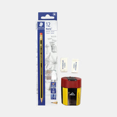 Staedtler Noris Hb 2 Graphite Pencils (12 Pieces) With Single-Hole Tub Sharpener & 2 Erasers