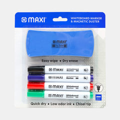 Maxi Whiteboard Marker Set With Magnetic Duster & 4 Chisel Tip Markers-  Assorted Colours